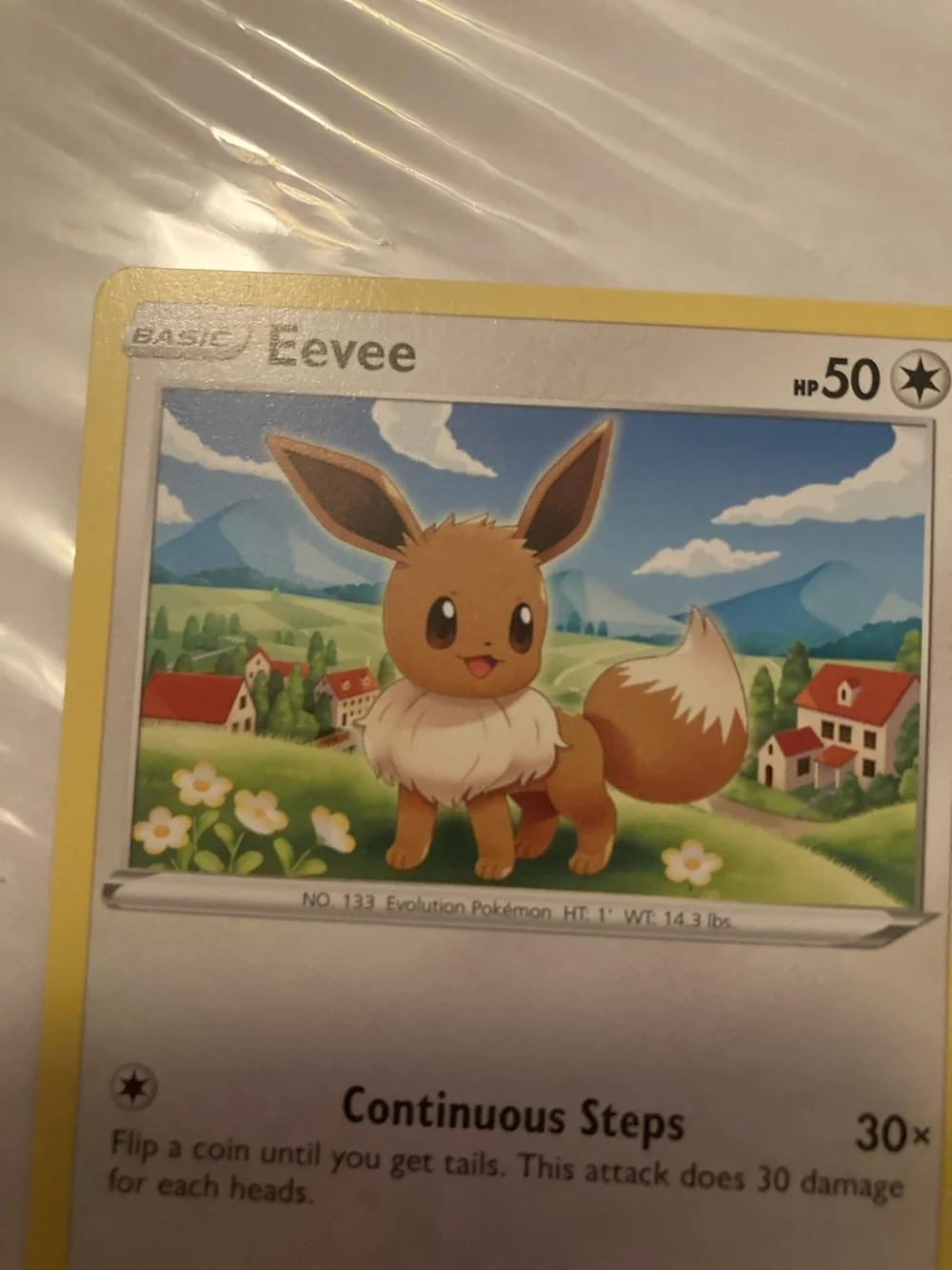 Pokemon Eevee Trading Card Yellow Border Blue Sky Artwork